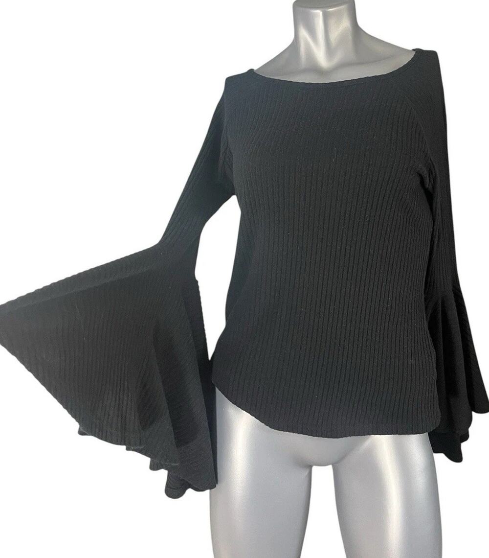 Black Top Bell Sleeve Ribbed Knit Top Long Sleeve Boho Y2K Sage The Label Small